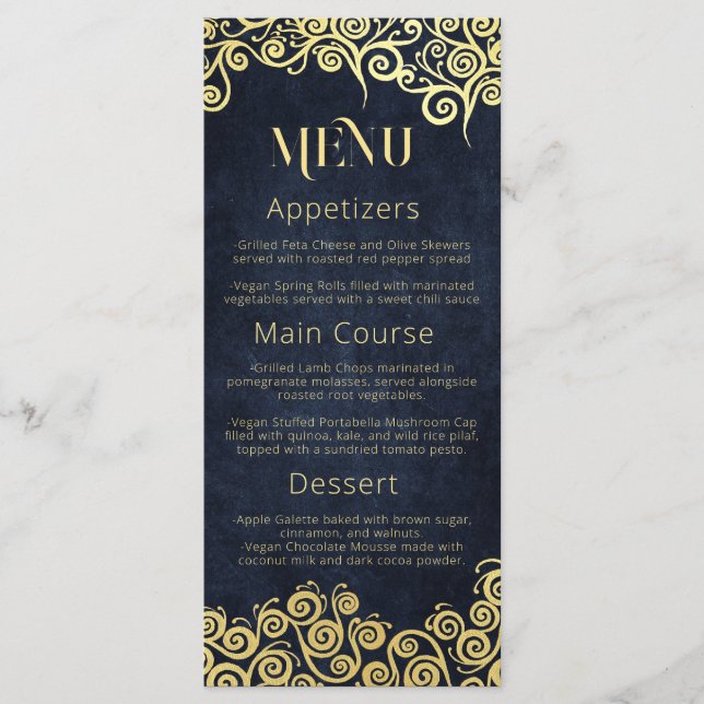 Sophisticated Chic Navy Blue & Gold Swirls Wedding Menu (Front)