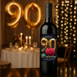 Sophisticated Chic Red Rose Golden 90th Birthday Wine Label