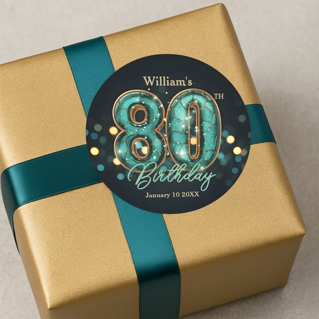 Sophisticated Chic Teal and Gold 80th Birthday Classic Round Sticker (Creator Uploaded)