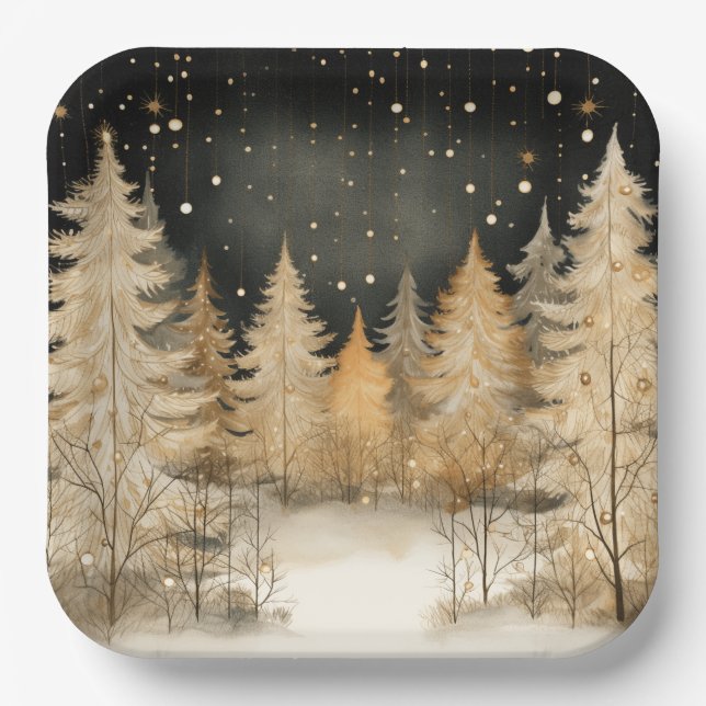 Sophisticated Christmas Golden Trees Paper Plates (Front)