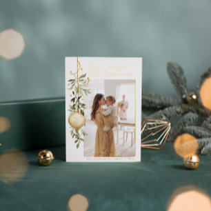 Sophisticated Christmas Greenery Gold Ornament Foil Holiday Card