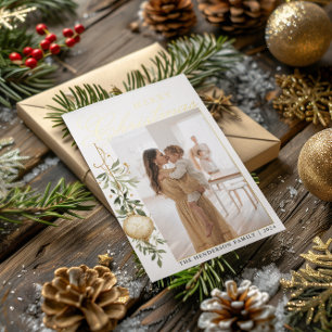 Sophisticated Christmas Greenery Gold Ornament Foil Holiday Card