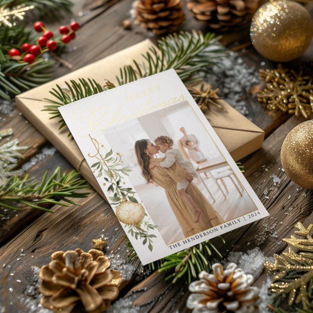Sophisticated Christmas Greenery Gold Ornament Foil Holiday Card (Creator Uploaded)