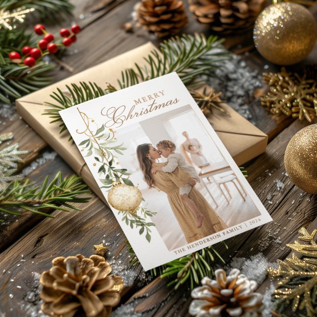 Sophisticated Christmas Greenery Gold Ornament Holiday Card (Creator Uploaded)