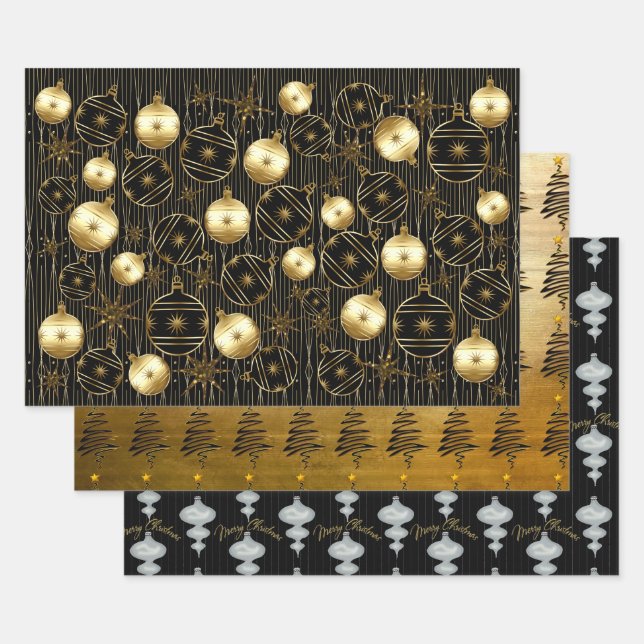 Sophisticated Christmas in Gold, Black and Gray Wrapping Paper Sheets (Set)