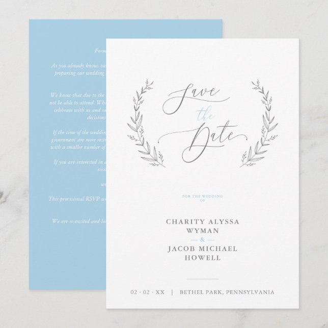 Sophisticated Classic Botanical Blue Grey Wedding (Front/Back)