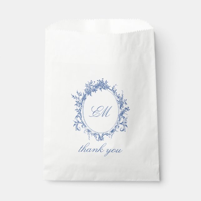 Sophisticated Classic Mnogram Crest Blue Toile Favor Bag (Front)