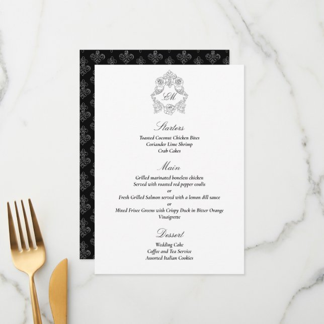 Sophisticated Classic Script Black & White Menu (Front/Back In Situ)
