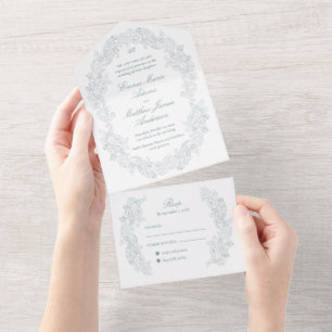 Sophisticated Classic Script Blue Regency Wedding All In One Invitation