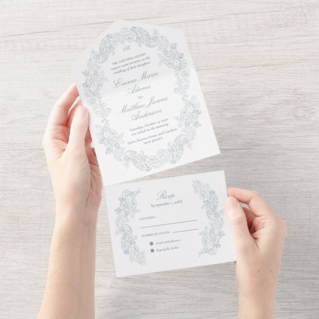 Sophisticated Classic Script Blue Regency Wedding All In One Invitation (Tearaway)