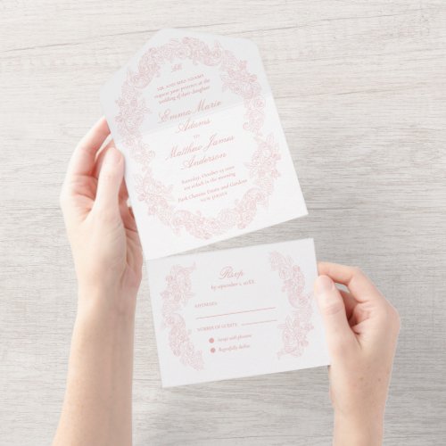 Sophisticated Classic Script Blush Pink Wedding All In One Invitation