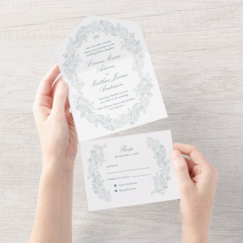 Sophisticated Classic Script Dusty Blue Wedding All In One Invitation