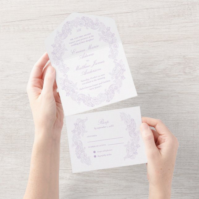 Sophisticated Classic Script Purple Wedding All In One Invitation (Tearaway)