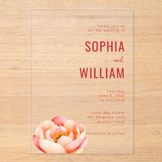 Sophisticated Coral Lotus Wedding Invitation (Front)
