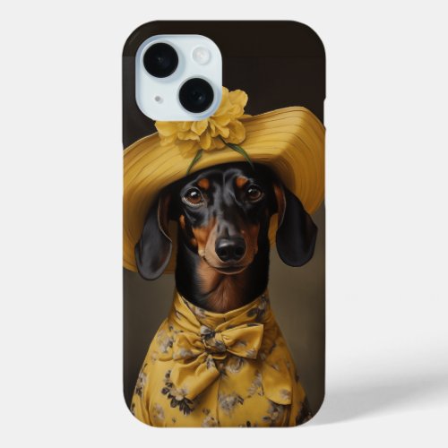 Sophisticated Dachshund in Yellow iPhone 15 Case