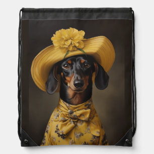 Sophisticated Dachshund in Yellow Drawstring Bag