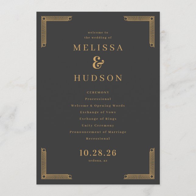 Sophisticated Dark Gray Gold Wedding Ceremony Program (Front)