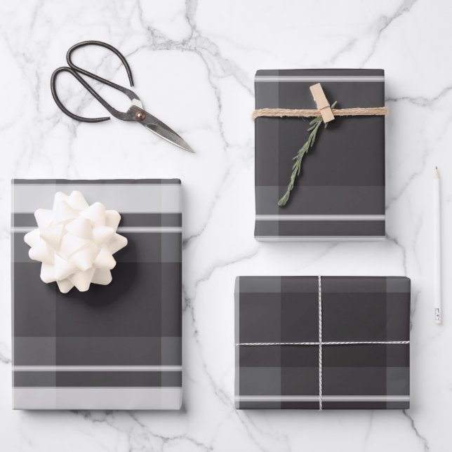 Sophisticated Dark Gray Madras Plaid Gift Wrapping Paper Sheets (Front)