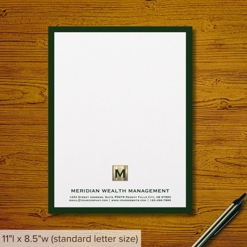 Sophisticated Dark Green Gold Monogram Letterhead