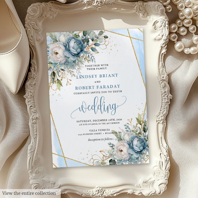 Sophisticated Dusty Blue Gold Floral Wedding  Invitation (Sophisticated Dusty Blue Gold Floral Wedding Invite)
