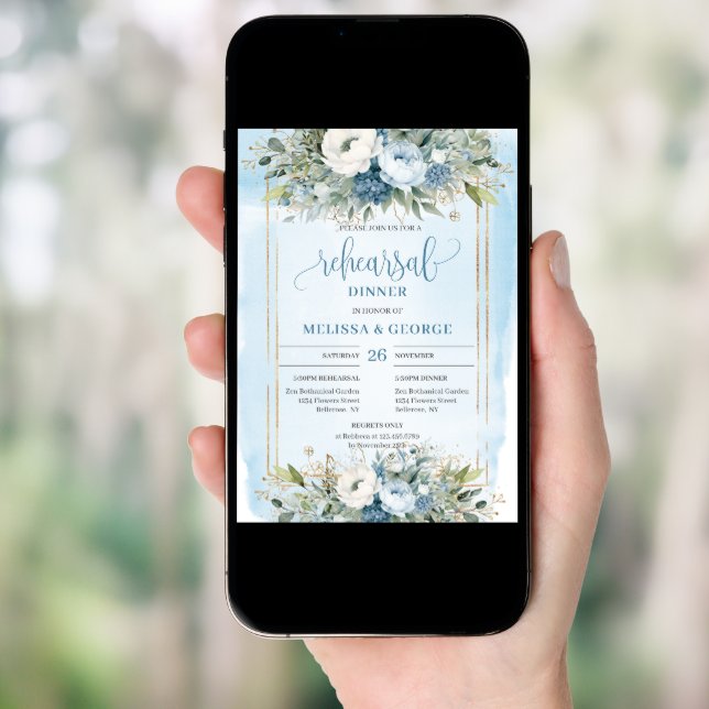 Sophisticated Dusty Blue Gold Frame Dinner Invite (Front Digital)