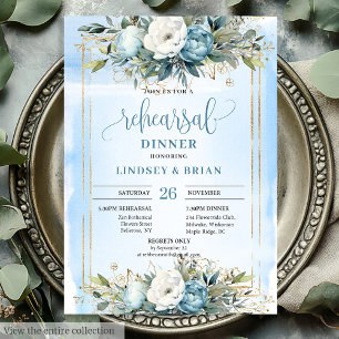 Sophisticated Dusty Blue Gold Frame Dinner Invite