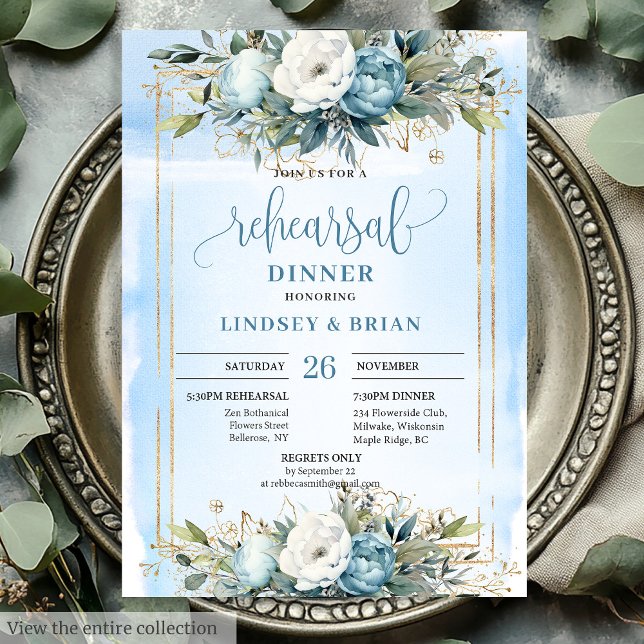 Sophisticated Dusty Blue Gold Frame Dinner Invite (Sophisticated Dusty Blue Gold Frame Dinner Invite)