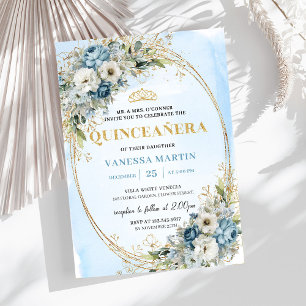 Sophisticated Dusty Blue Gold Greenery Quince  Invitation