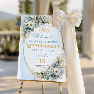 Sophisticated Dusty Blue Gold Greenery Quinceañera Foam Board