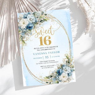 Sophisticated Dusty Blue Gold Sweet Sixteen Invite