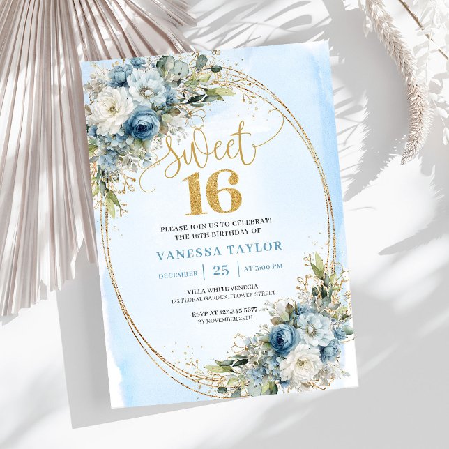 Sophisticated Dusty Blue Gold Sweet Sixteen Invite (Sophisticated Dusty Blue Gold Sweet Sixteen Invite)