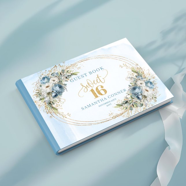 Sophisticated Dusty Blue Gold Sweet Sixteen Sign  Guest Book (Sophisticated Dusty Blue Gold Sweet Sixteen Sign In)