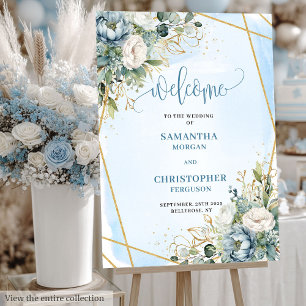 Sophisticated Dusty Blue Peony Floral Welcome Sign