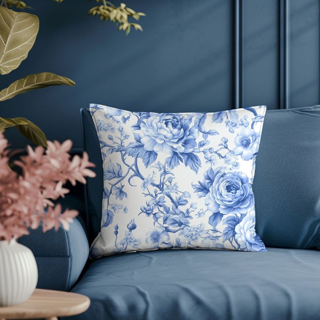 Sophisticated Dusty Blue Toile Roses Accent Pillow (Sophisticated Dusty Blue Toile Roses Accent Pillow)