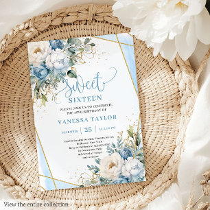 Sophisticated Dusty Blue White Peonies Sweet 16 Invitation