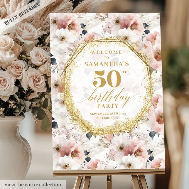 Sophisticated dusty pink gold birthday welcome   foam board (Sophisticated dusty pink gold birthday welcome sign)