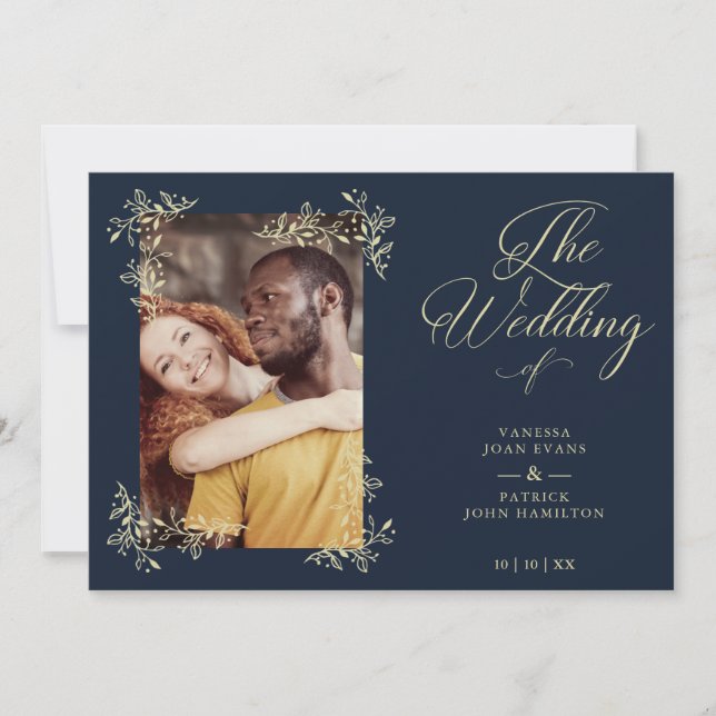 Sophisticated Elegant Flourish Navy Photo Wedding Invitation (Front)
