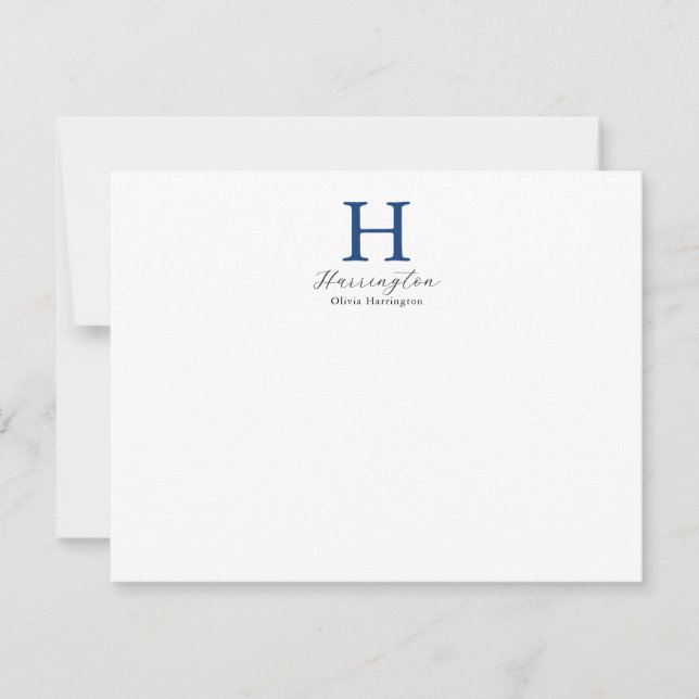Sophisticated Elegant Navy Blue Monogram Note Card (Front)