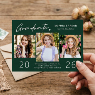 Sophisticated Emerald 3 Photo Collage Graduation Announcement