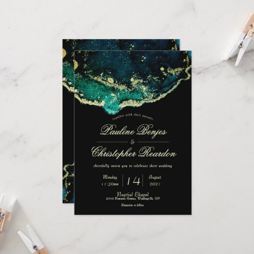 Sophisticated Emerald Black Gold Wedding Invitation