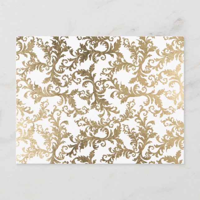 Sophisticated faux gold white floral damask postcard (Front)