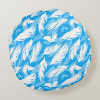 Sophisticated Feather Design On A Bright Blue Round Pillow