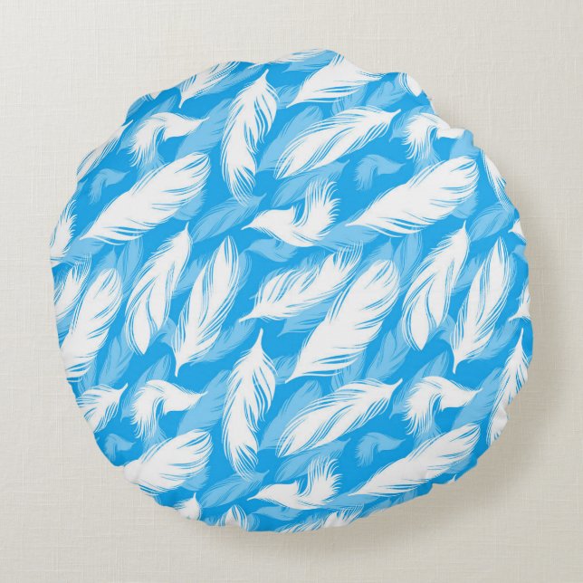 Sophisticated Feather Design On A Bright Blue  Round Pillow (Back)