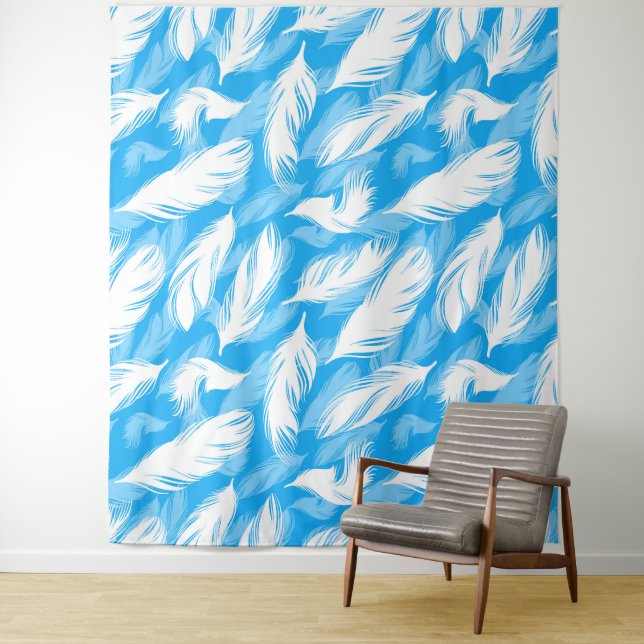 Sophisticated Feather Design On A Bright Blue  Tapestry (In Situ)