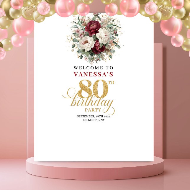 Sophisticated Floral 80th Birthday Backdrop (Sophisticated Floral 80th Birthday Backdrop)