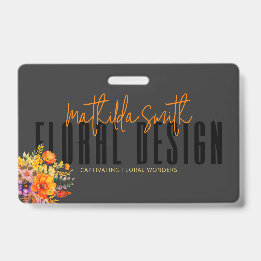Sophisticated Floral Design Black Orange Flowers  Badge