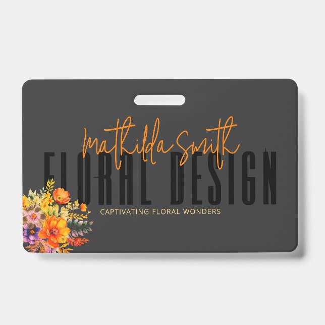 Sophisticated Floral Design Black Orange Flowers  Badge (Front)