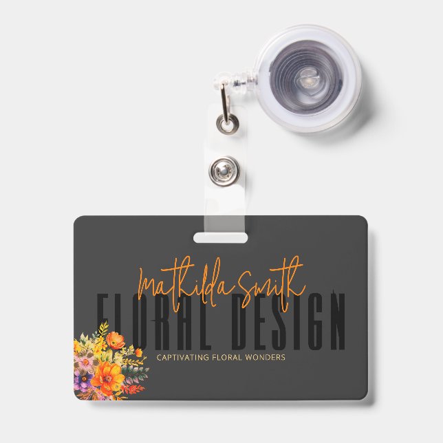 Sophisticated Floral Design Black Orange Flowers  Badge (Front with Retractable)