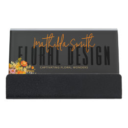 Sophisticated Floral Design Black Orange Flowers  Desk Business Card Holder