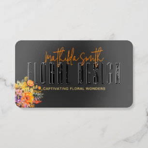 Sophisticated Floral Design Black Orange Flowers Raised Spot UV Business Card